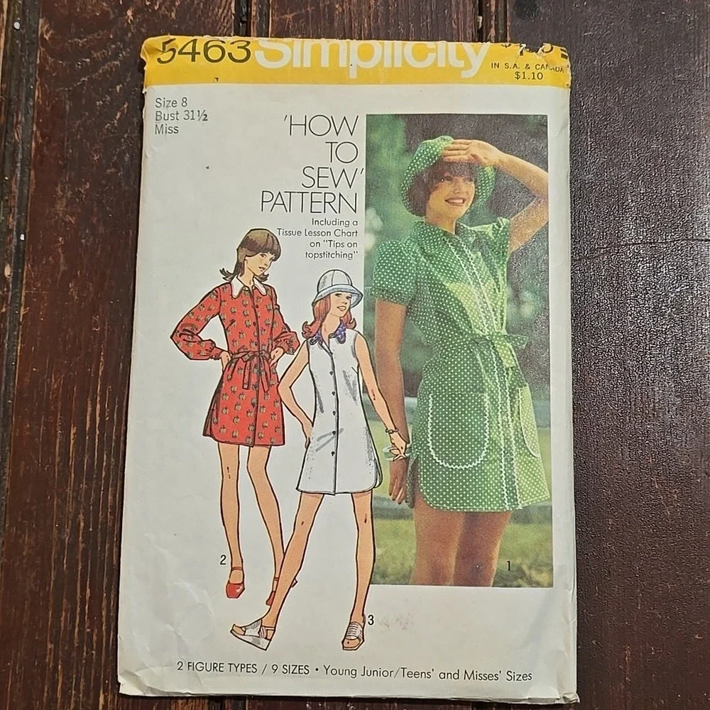 VTG 70s Simplicity 5463 Misses‎ Shirt Dress Sewing Pattern Sz 8 Bust 31.5 Cut